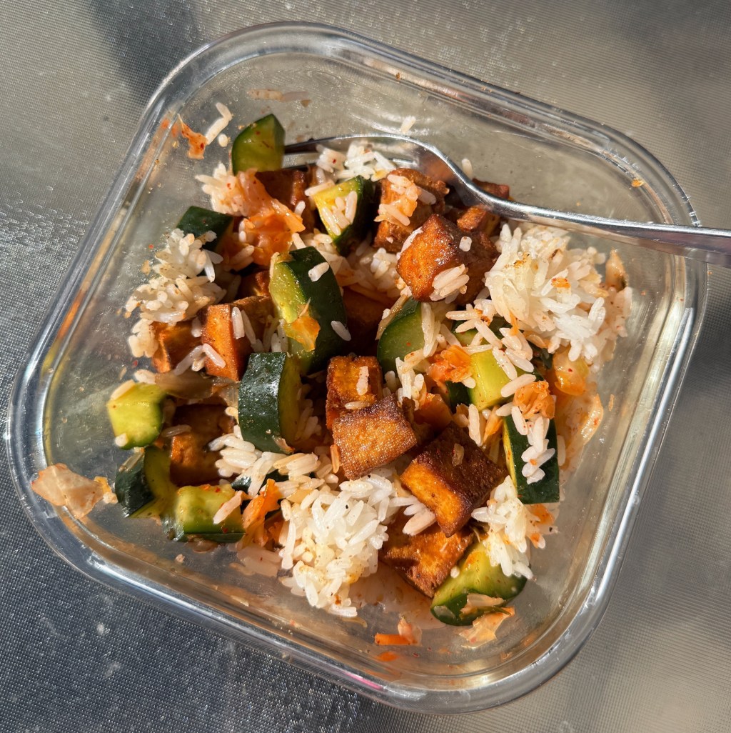Garlic Tofu w Kimchi Cucumber Salad & Rice